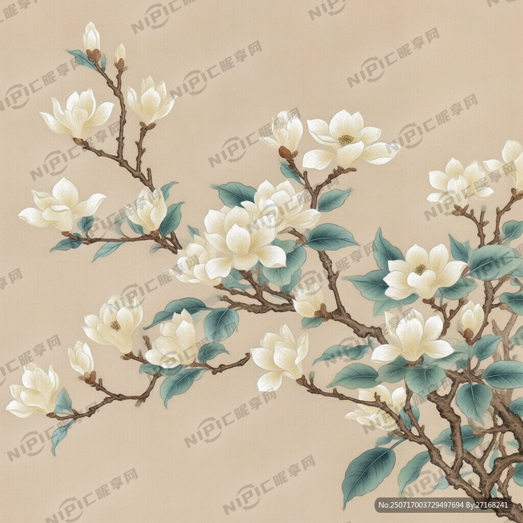 中式风格玉兰花颜色淡雅刺绣