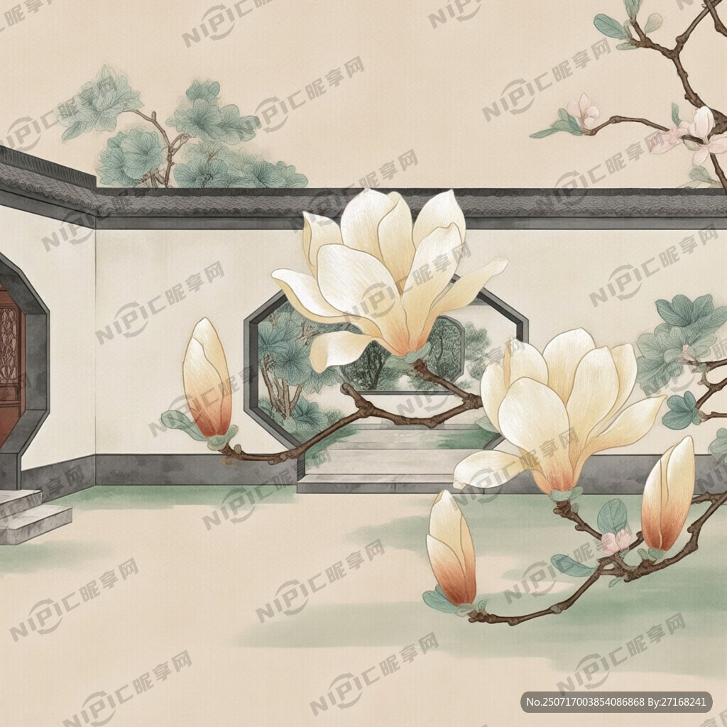 中式风格玉兰花颜色淡雅刺绣两朵