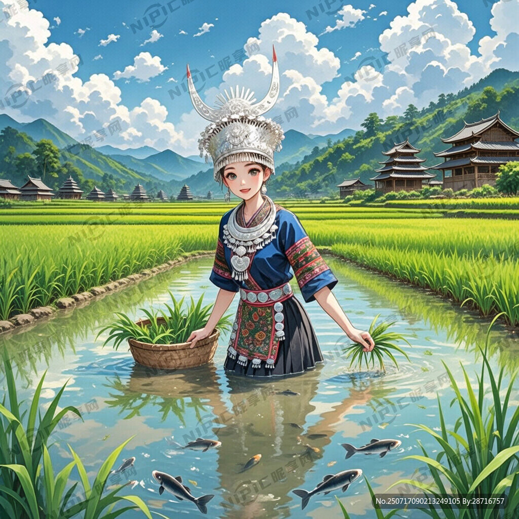 侗族姑娘稻田养鱼