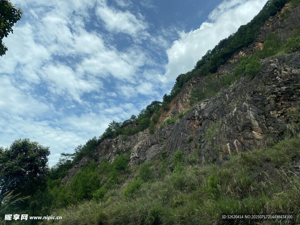 陡峭山坡上的绿植与蓝天