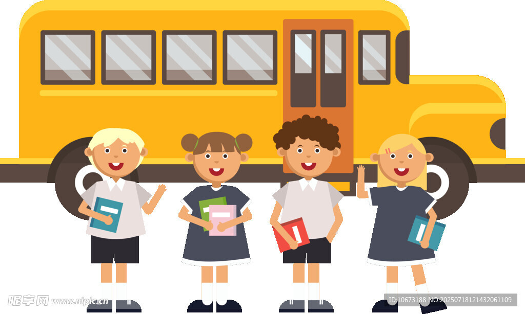 小学生放学站在校车旁