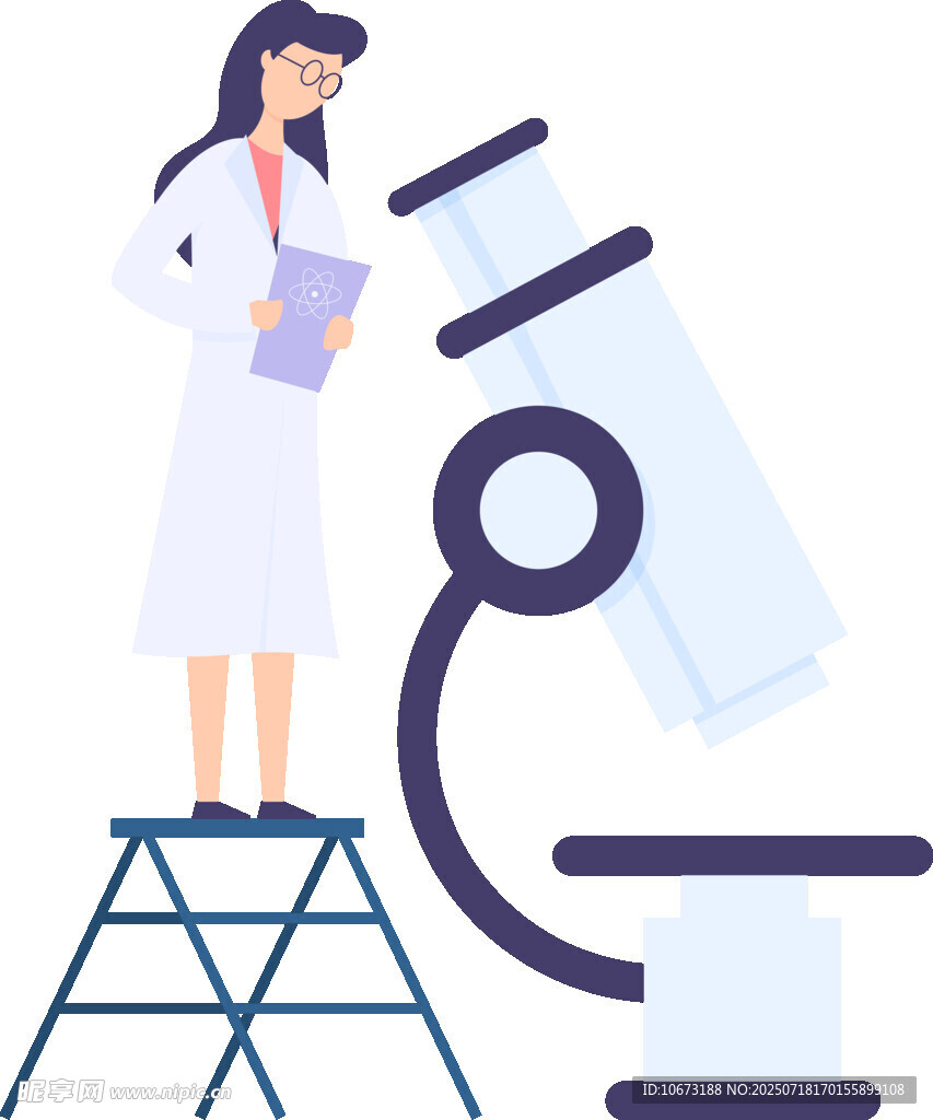 女科学家站梯使用显微镜