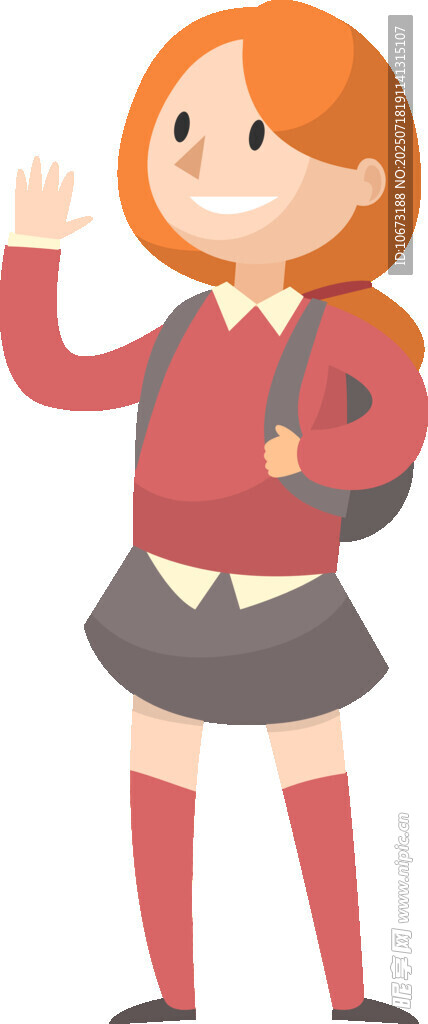 挥手的红发上学女孩