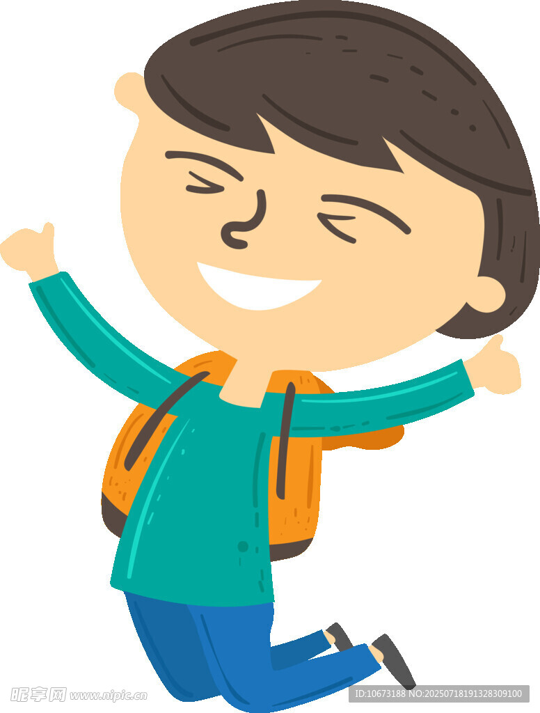 开心跳跃的背着书包小男孩