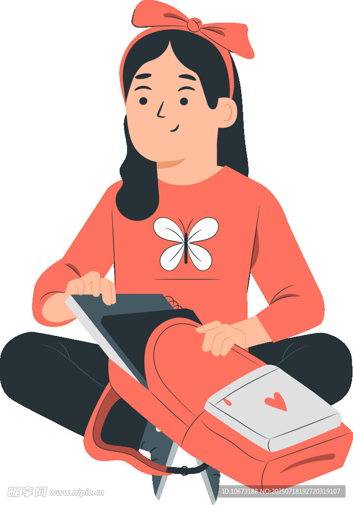 女孩坐着看书与书包相伴