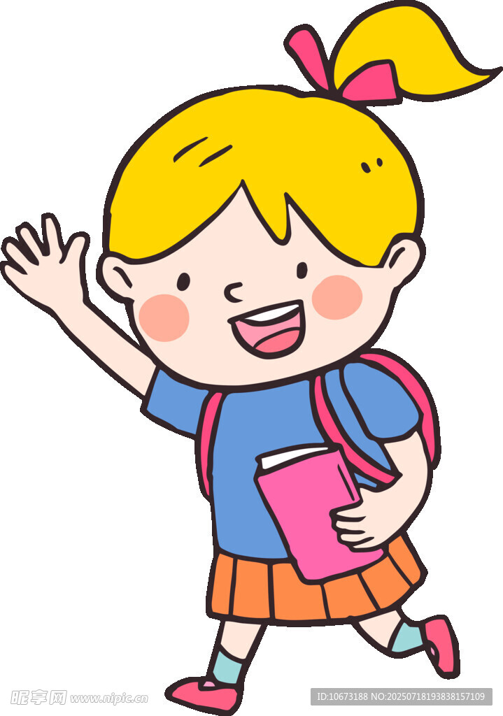 背着书包上学的快乐女孩