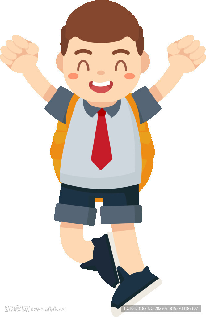 背着书包开心跳跃的男孩