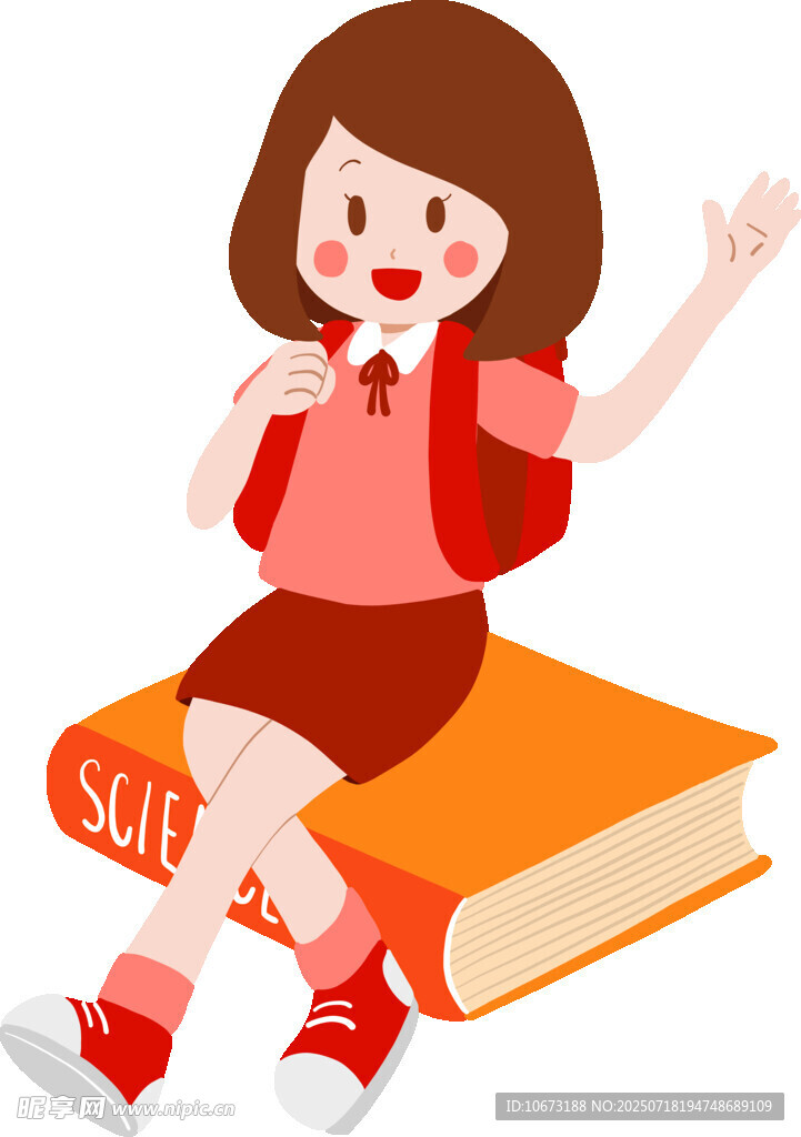 女孩坐书上开心挥手