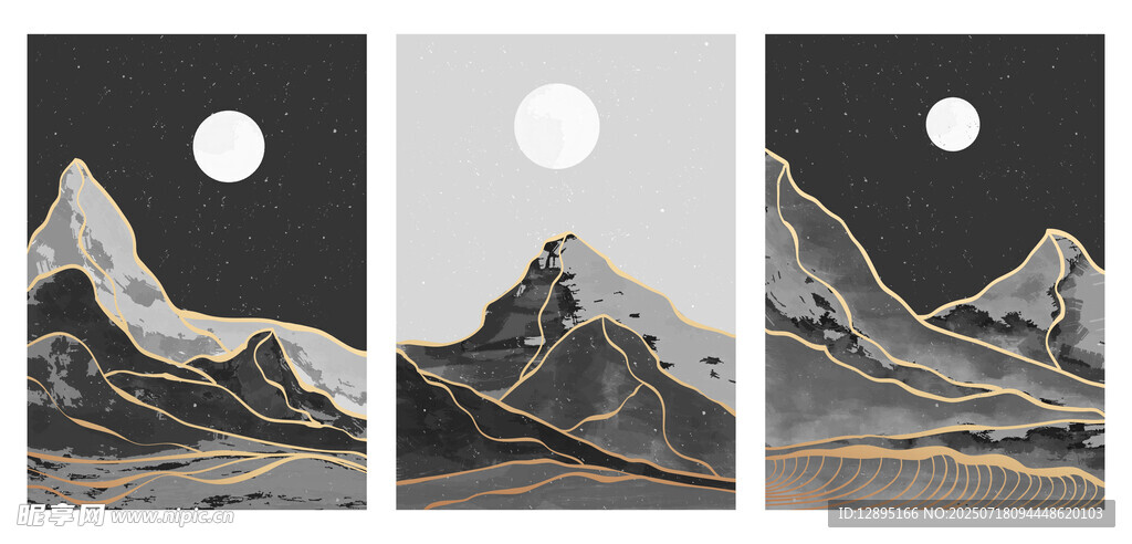 三联山川月夜艺术画作