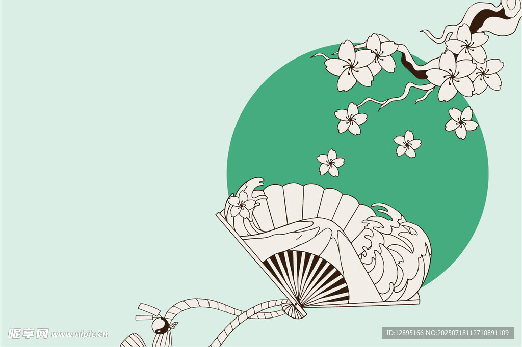 古风折扇与花枝插画