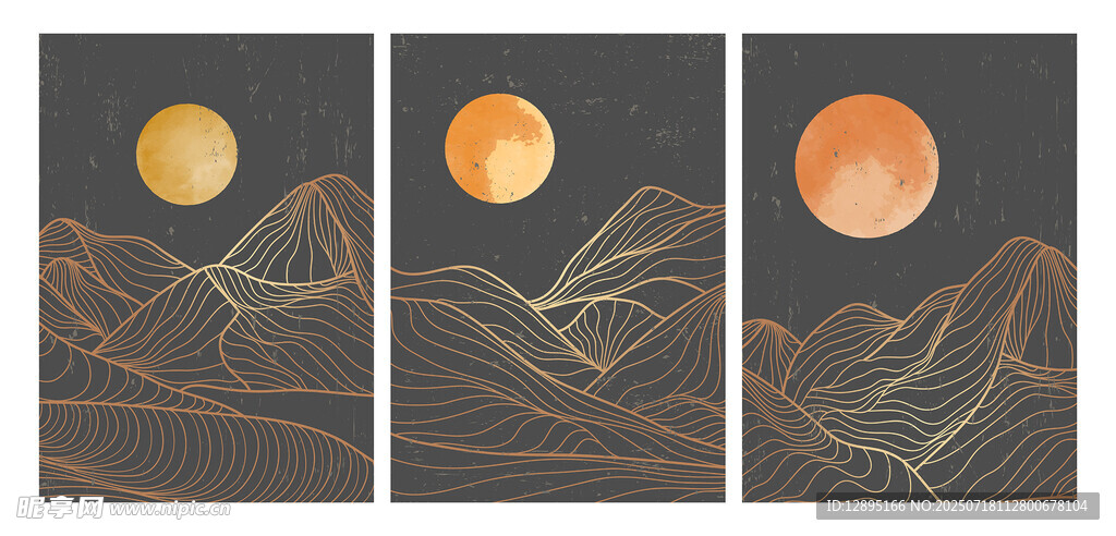 三联抽象山水金月装饰画