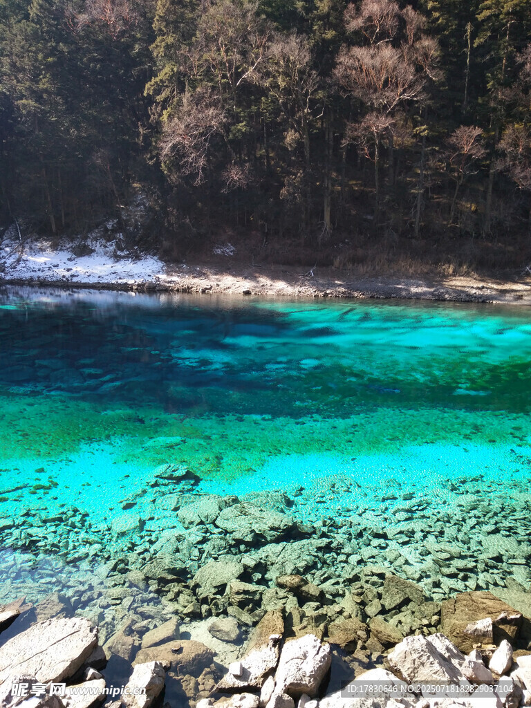 清澈蓝绿海水与岸边礁石