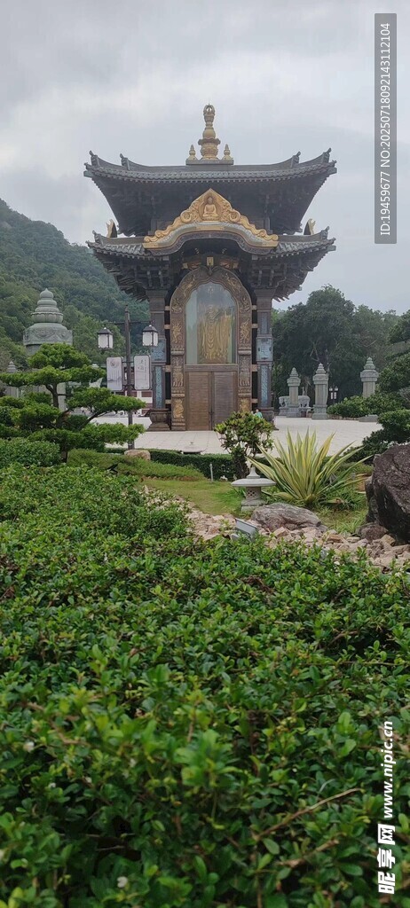 中式古亭旁的葱郁绿植