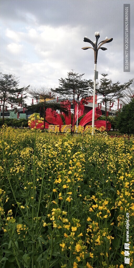 田野中的红色雕塑与黄花