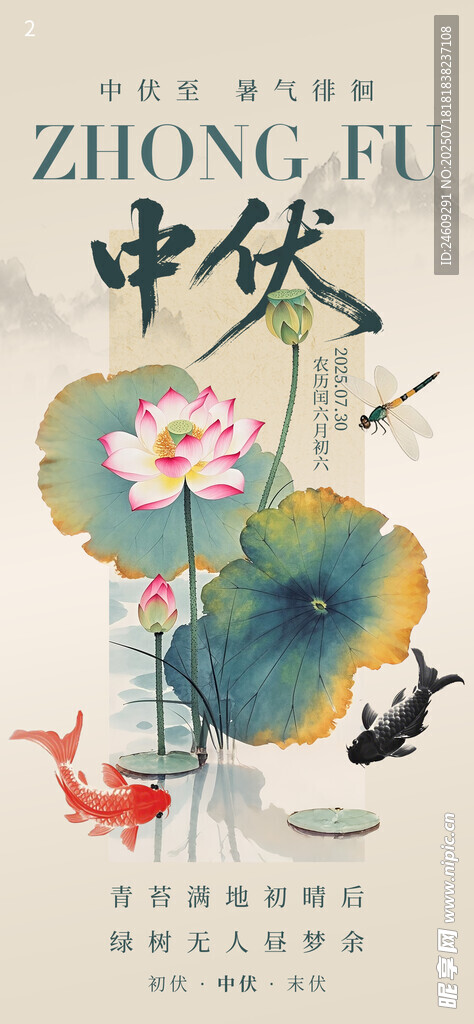 中式中秋荷花锦鲤插画