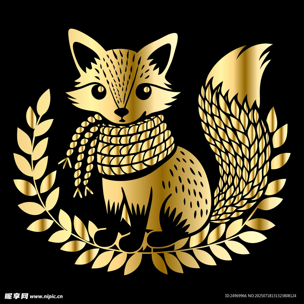 金色狐狸与月桂花环图案