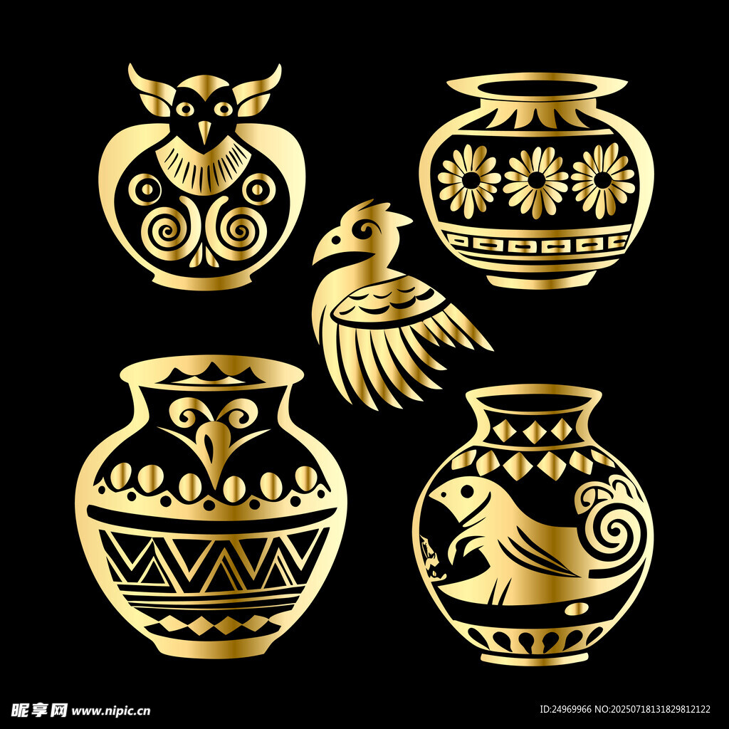 金色传统纹饰陶罐与动物图案