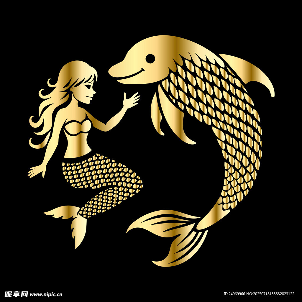 金色美人鱼与鱼的梦幻图案
