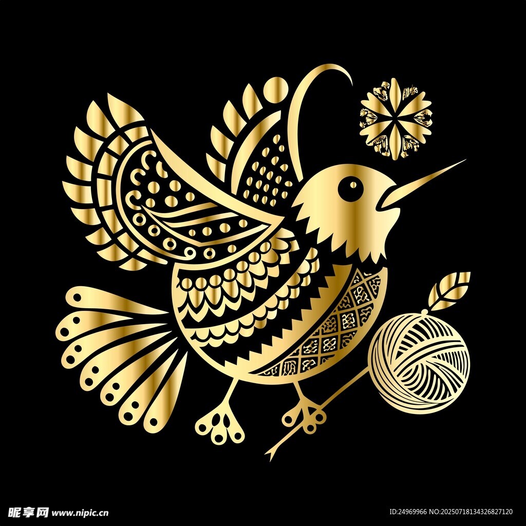 金色刺绣风小鸟与毛线元素