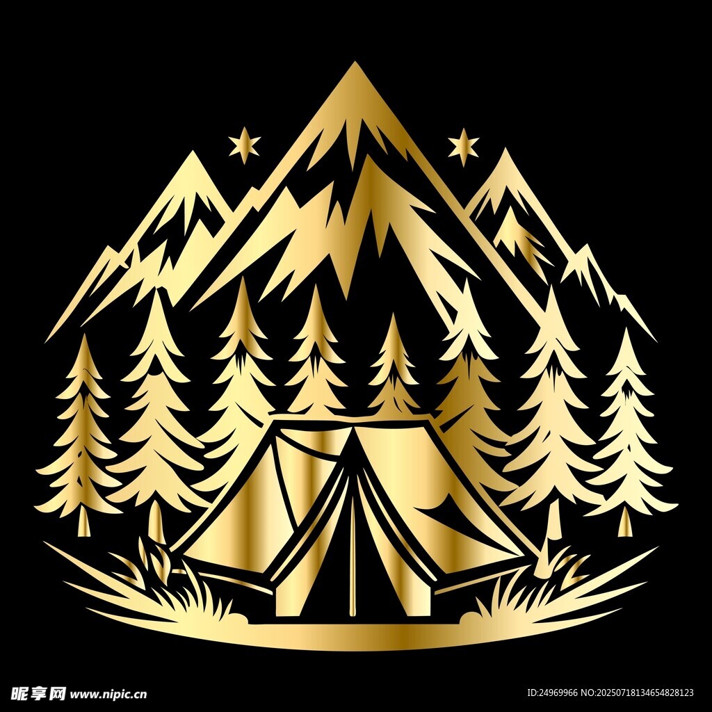 金色山林露营标志图案