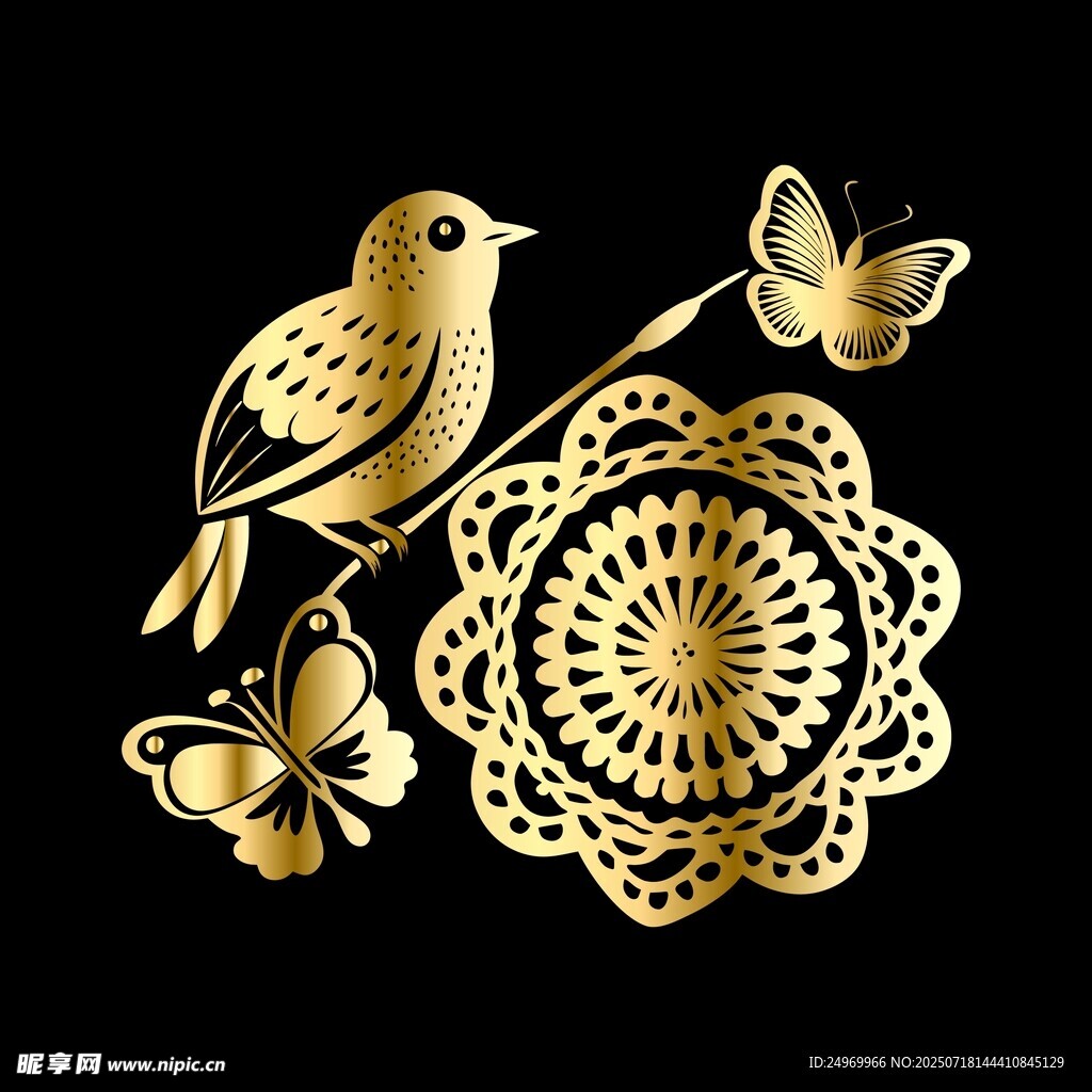 金色花鸟蝶精致装饰图案