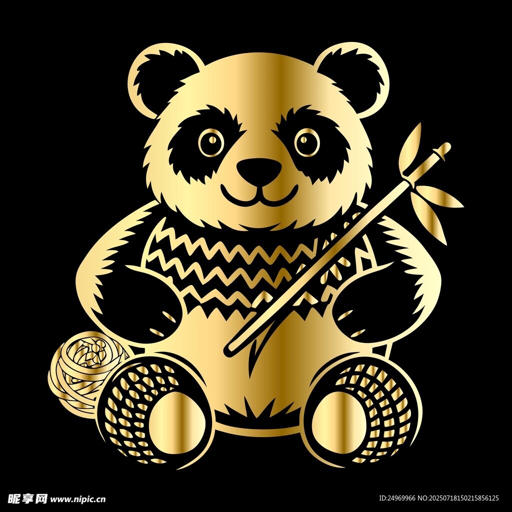 金色熊猫持竹图案设计