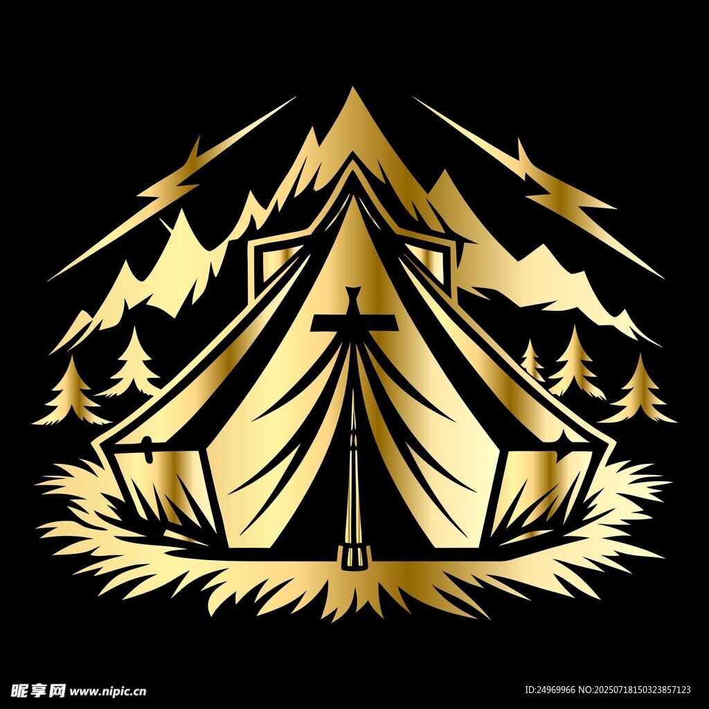 金色露营帐篷与山林图案