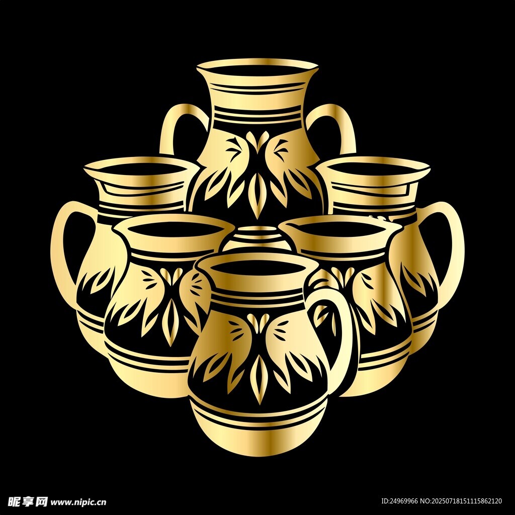 金色花纹陶罐组合