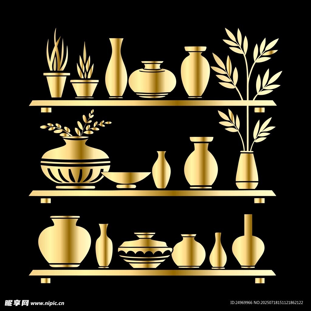 金色摆件陈列架上的雅致器物