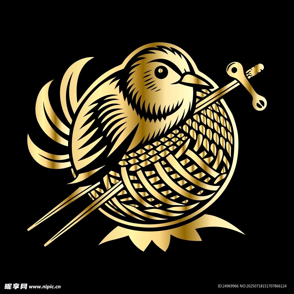 金色刺绣小鸟与针线图案