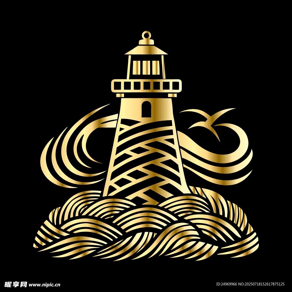金色灯塔与海浪图案