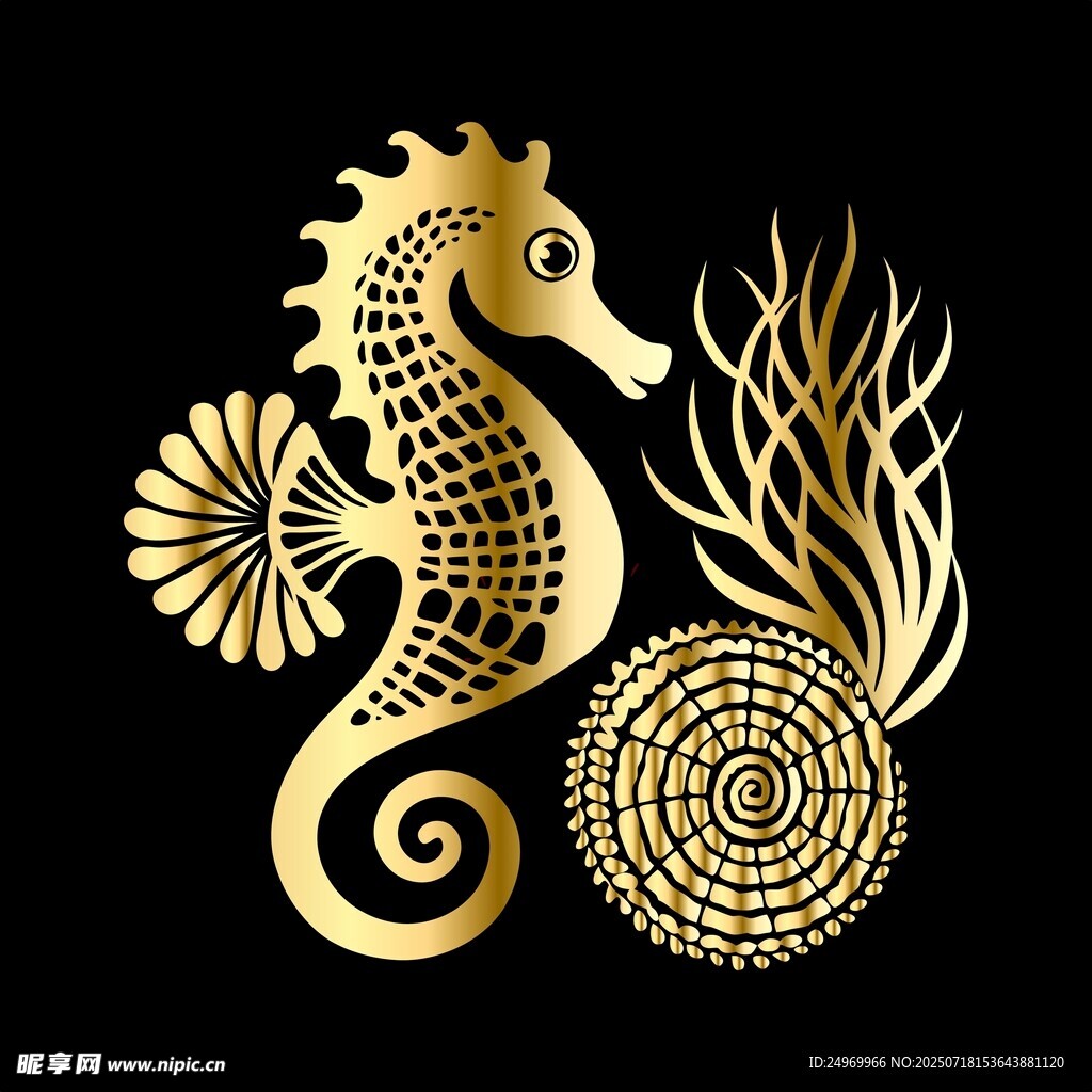 金色海马与海洋元素图案