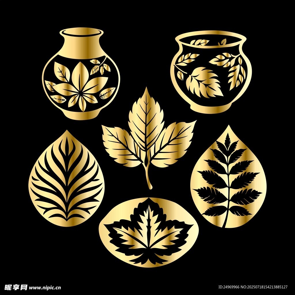 金色花叶花瓶装饰图案