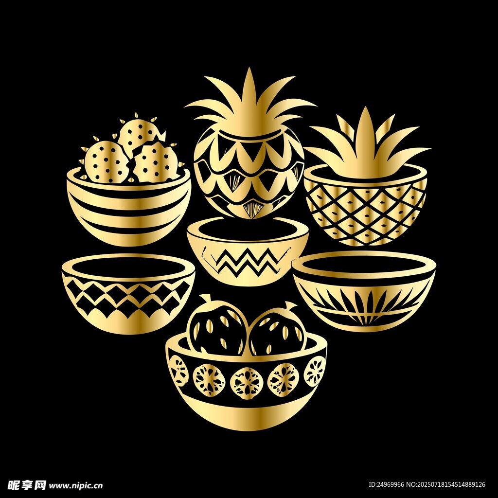 金色水果碗与菠萝装饰图案