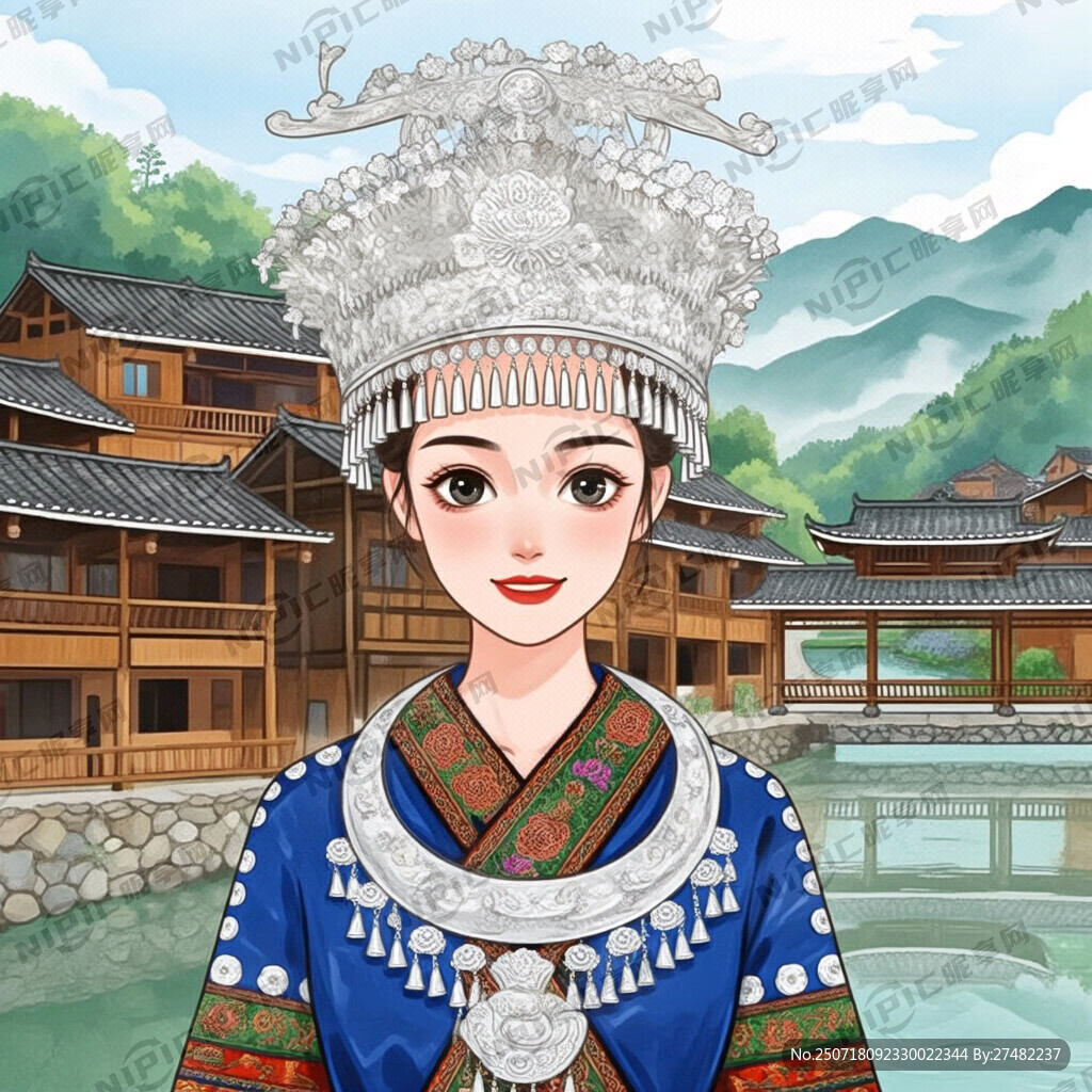 苗族少女插画卡通手绘