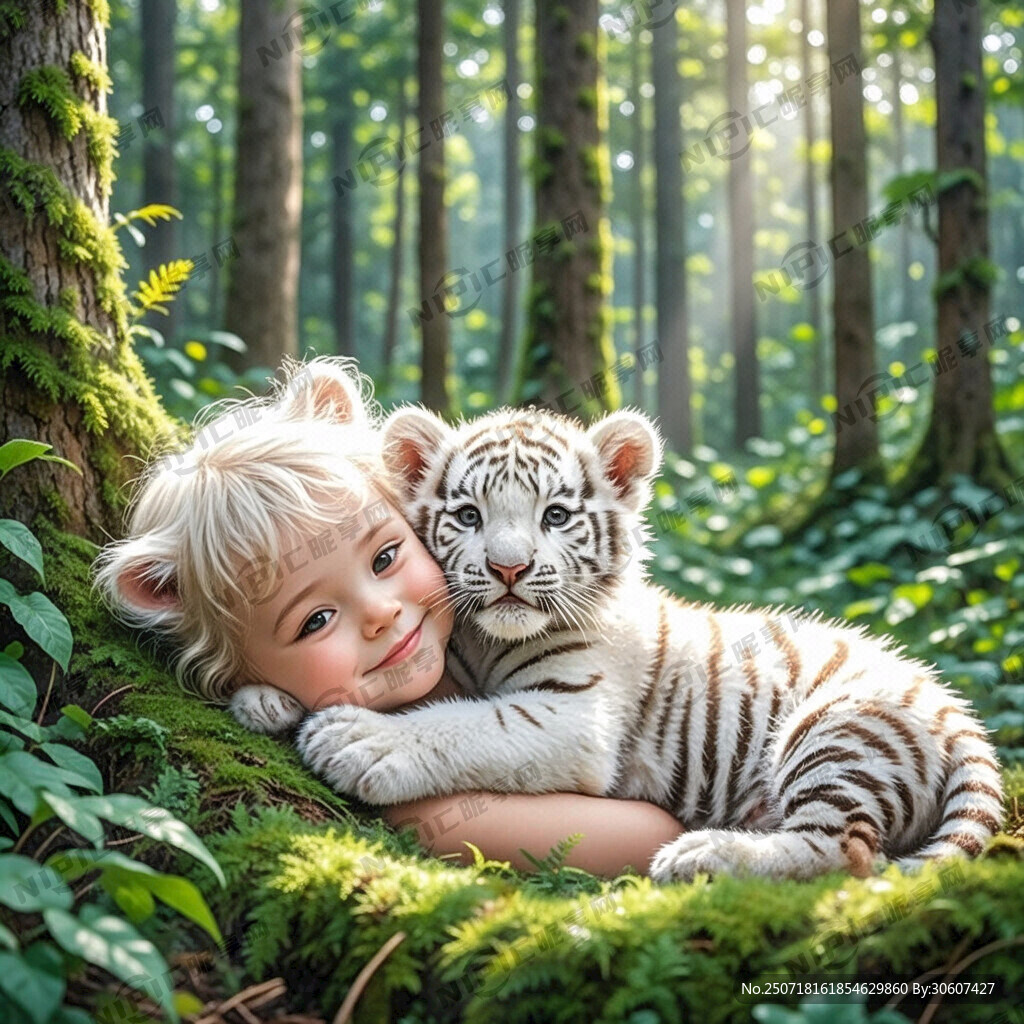 活泼可爱的奶团子抱着小白虎在森