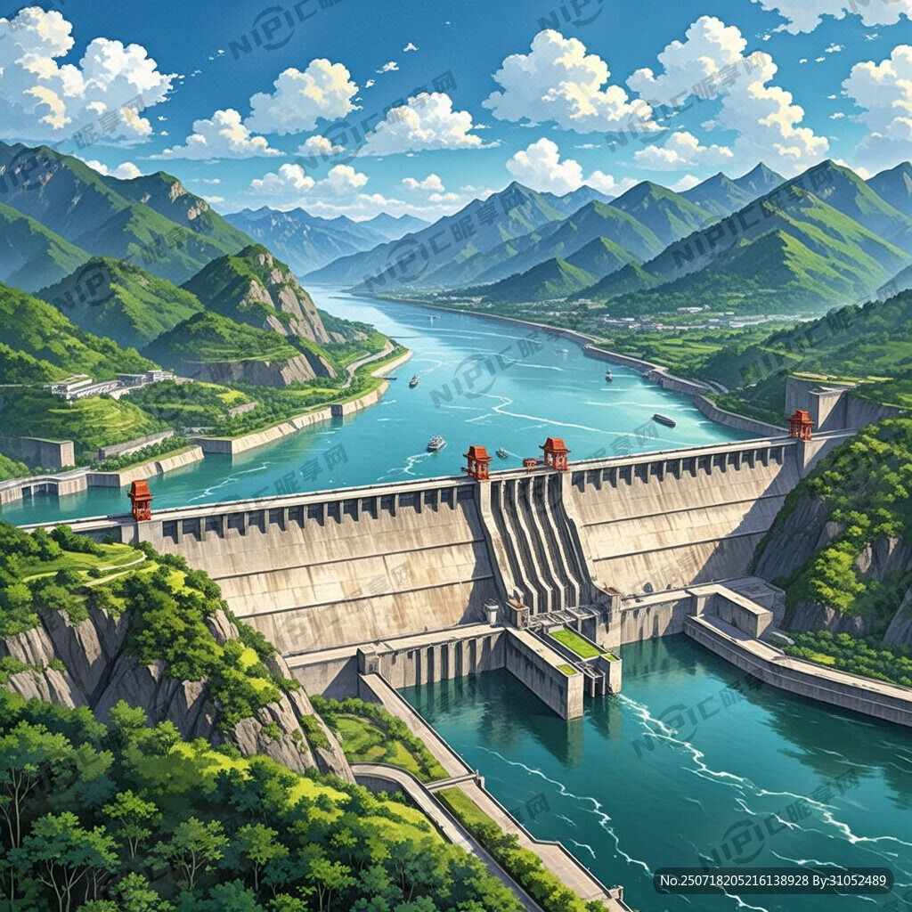 宜昌三峡大坝风景插画