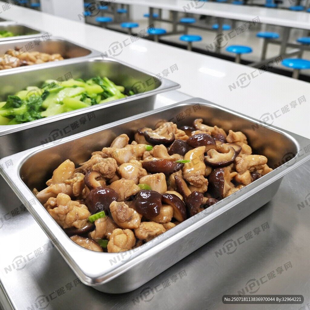 在学生食堂里；用长方形的不锈钢