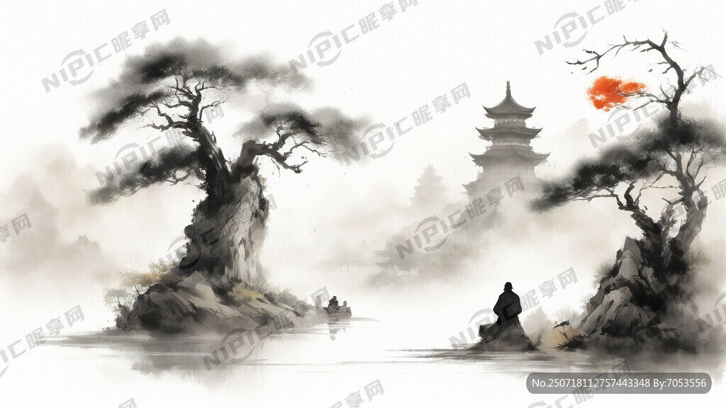 中国风 有手绘的山水 山上有塔