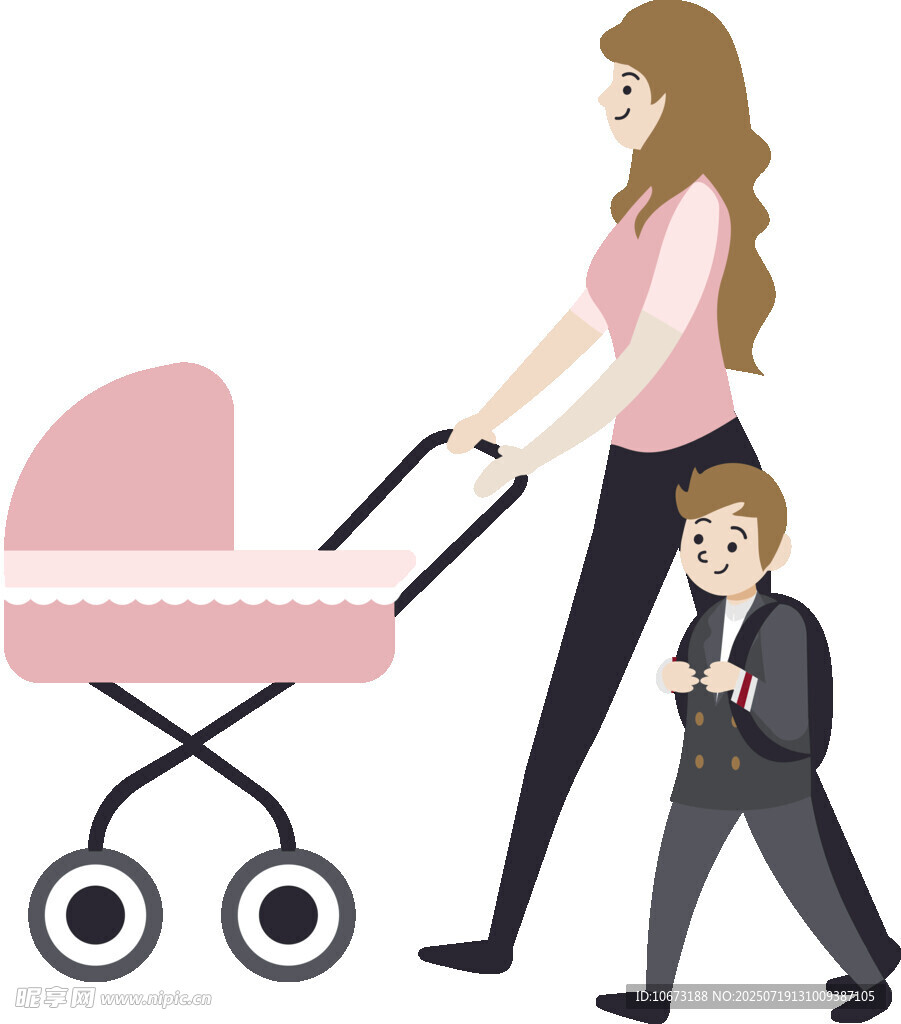 妈妈推婴儿车带男孩出行