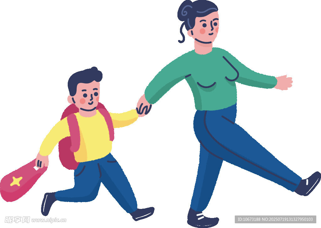 妈妈牵孩子开心上学