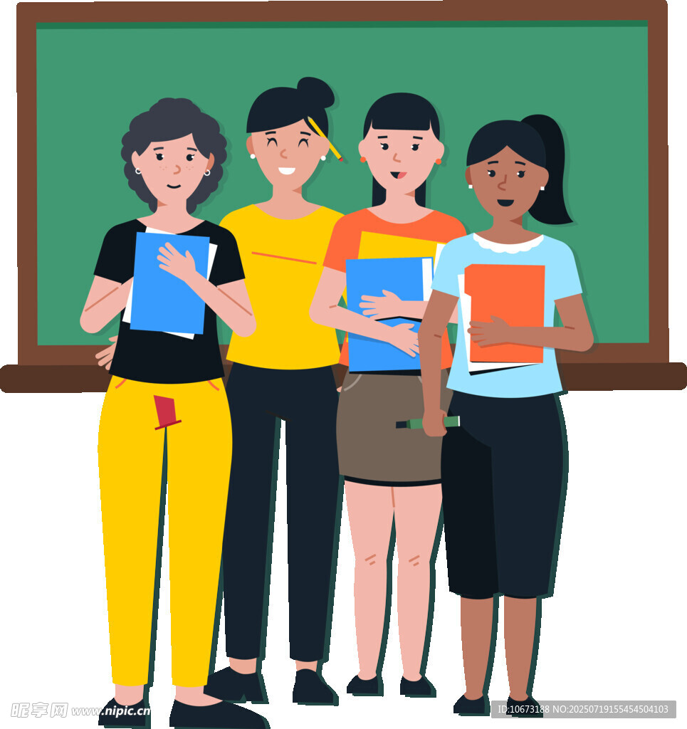学生们手持书本站在黑板前