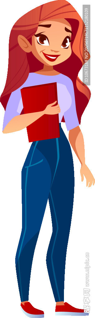 红发女孩手持书本站立