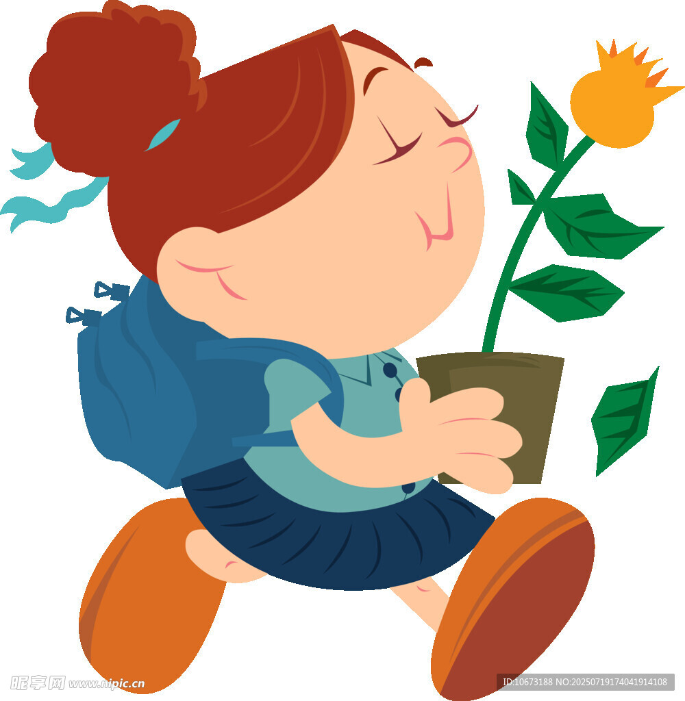 背着书包闻花的小女孩