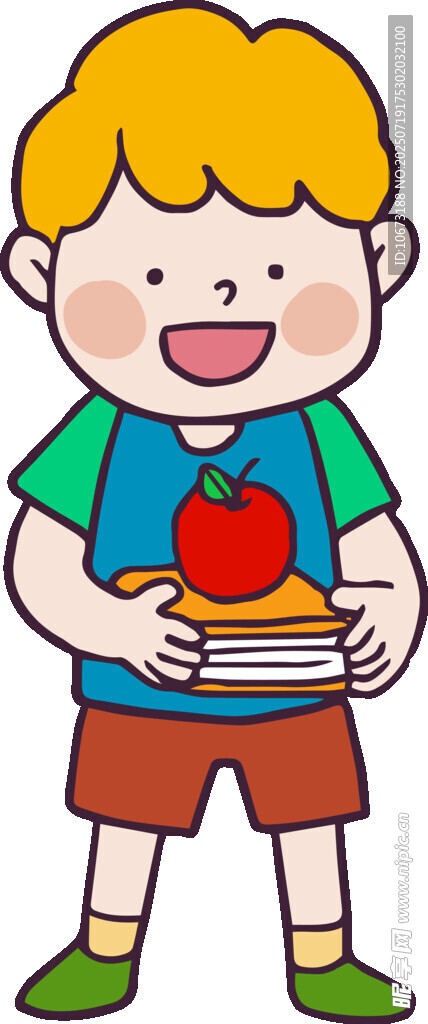 男孩手持书本与苹果
