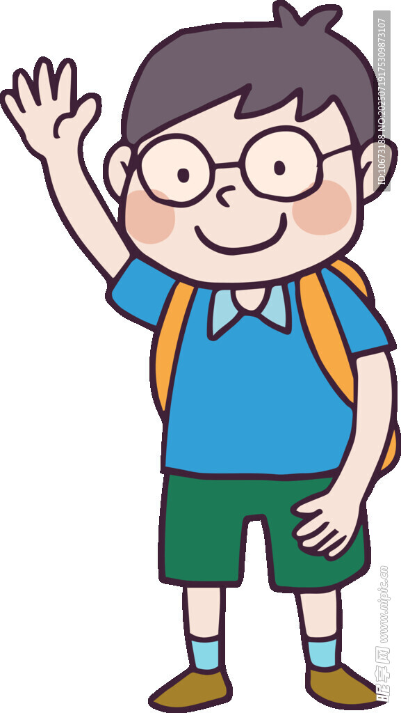 挥手的戴眼镜上学小男孩