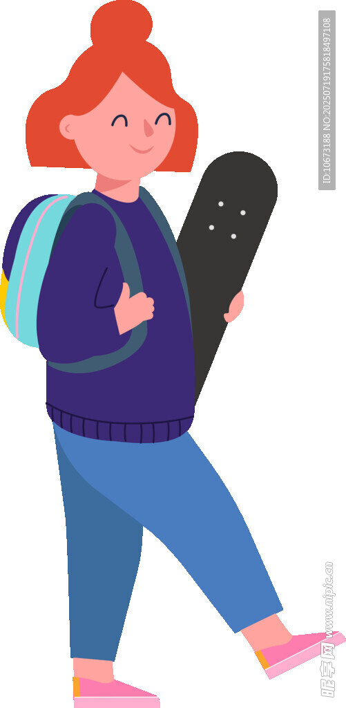 背着滑板上学的活力女孩