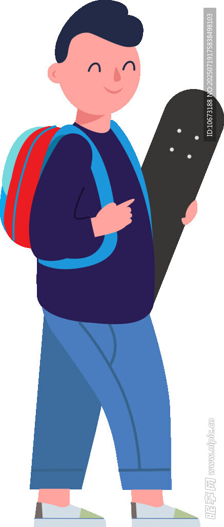背着书包手持滑板的男孩