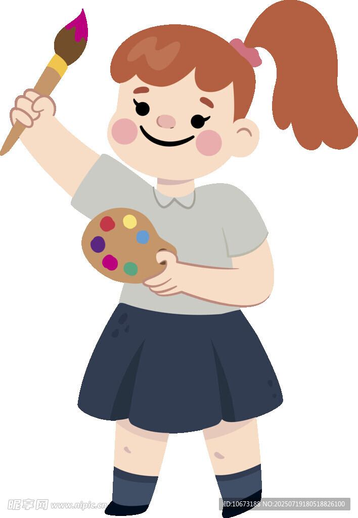 小女孩手持画笔与调色盘