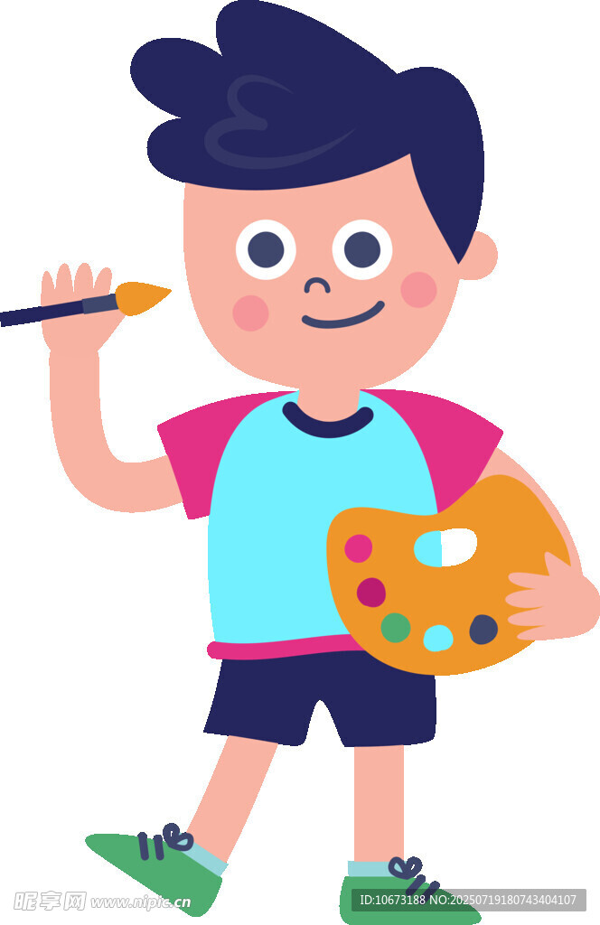 小男孩手持画笔与调色板
